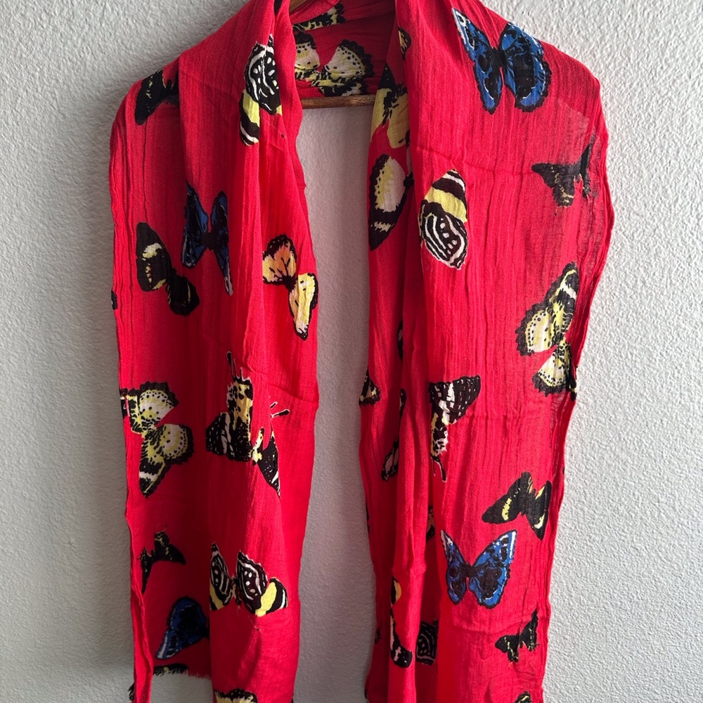 J. Crew Viscose and Linen 🦋 Butterfly Print Red Scarf - Picture 6 of 8